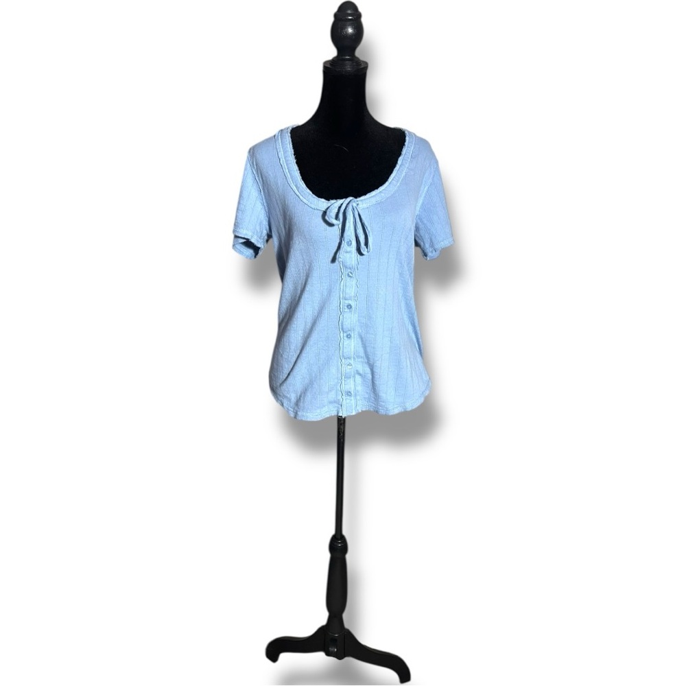 Aerie Light Blue Soft Cotton Button-Down Tie Front Short Sleeved Blouse - Picture 2 of 15